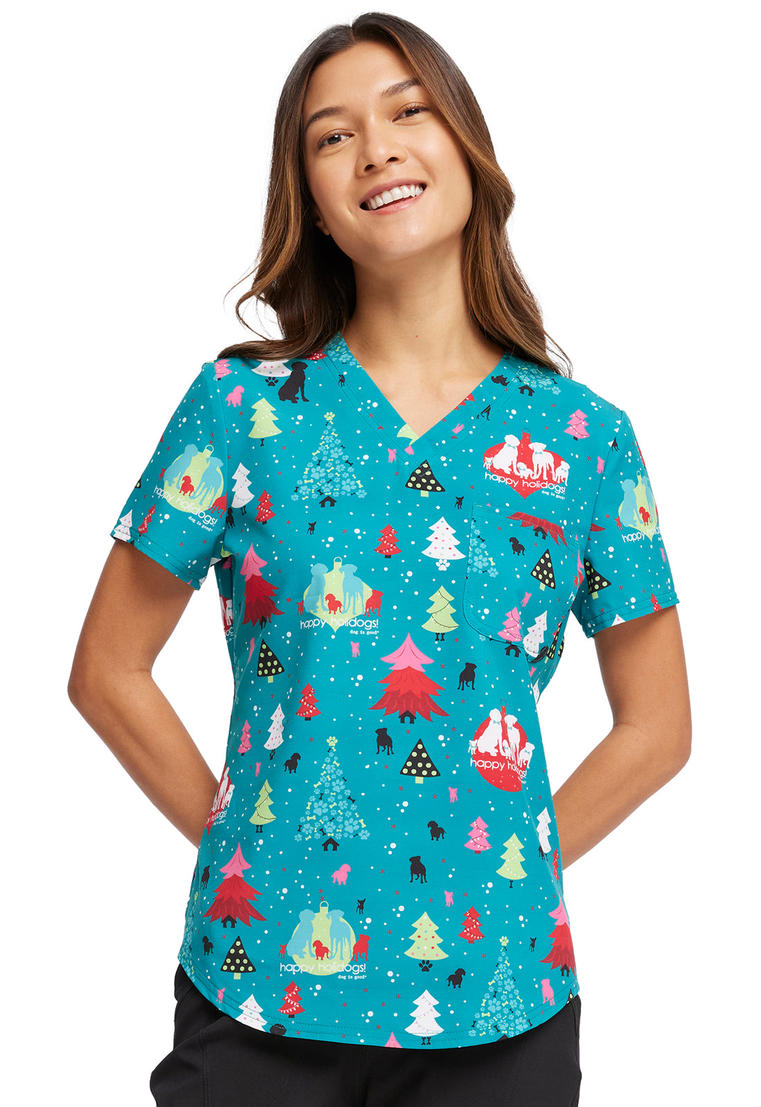 Happy Holidogs V-Neck Tuckable Scrub Top Women's Holiday Print Top Cherokee Prints XXS