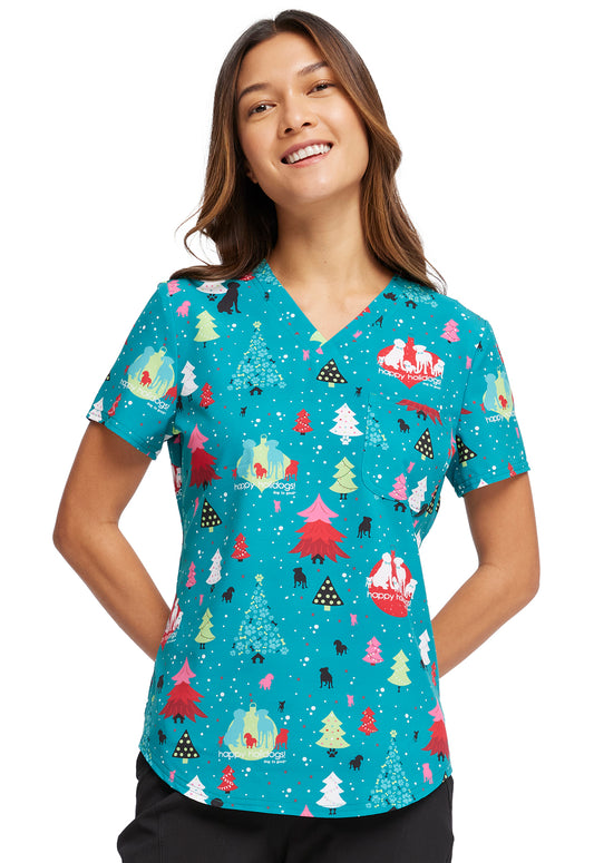 Cherokee Prints Top - V-Neck Tuckable Scrub Top Women's Holiday Print Top Cherokee Prints Happy Holidogs XXS 