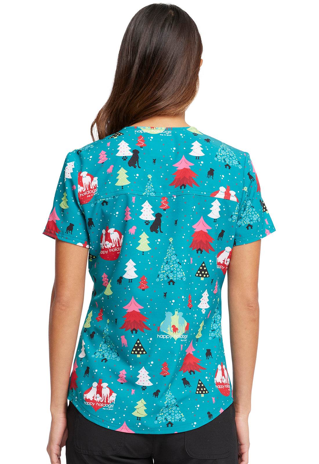 Happy Holidogs V-Neck Tuckable Scrub Top Women's Holiday Print Top Cherokee Prints