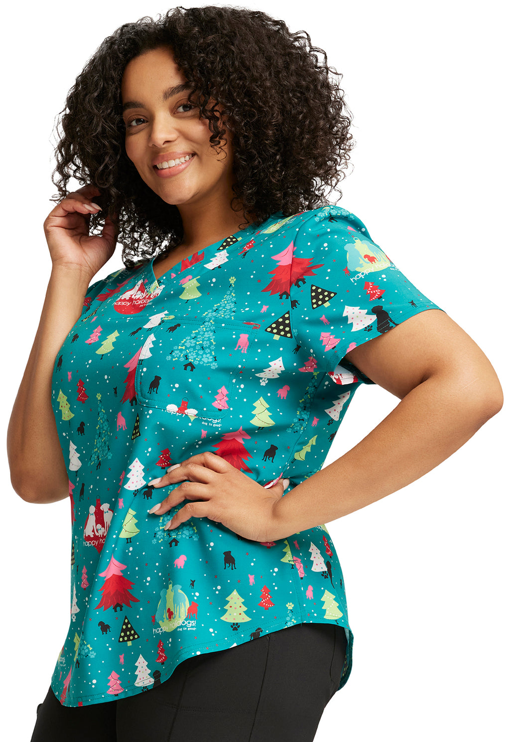 Happy Holidogs V-Neck Tuckable Scrub Top Women's Holiday Print Top Cherokee Prints