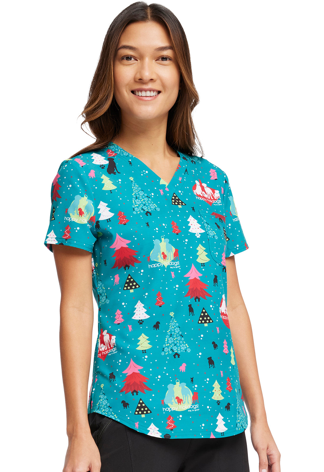 Happy Holidogs V-Neck Tuckable Scrub Top Women's Holiday Print Top Cherokee Prints