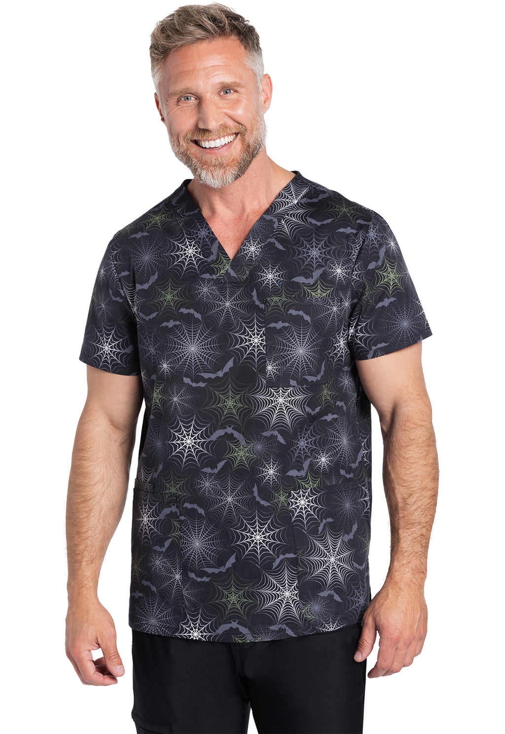 Night Webs - Men’s Halloween Scrub Top Men's Print Scrub Top Cherokee Prints Night Webs S