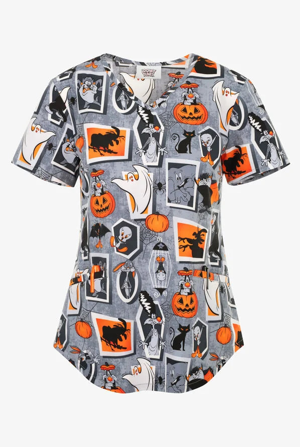 Halloween Looney Tunes Women’s Stretch V-Neck Scrub Top Women's Print Scrub Top Cherokee Licensed XS