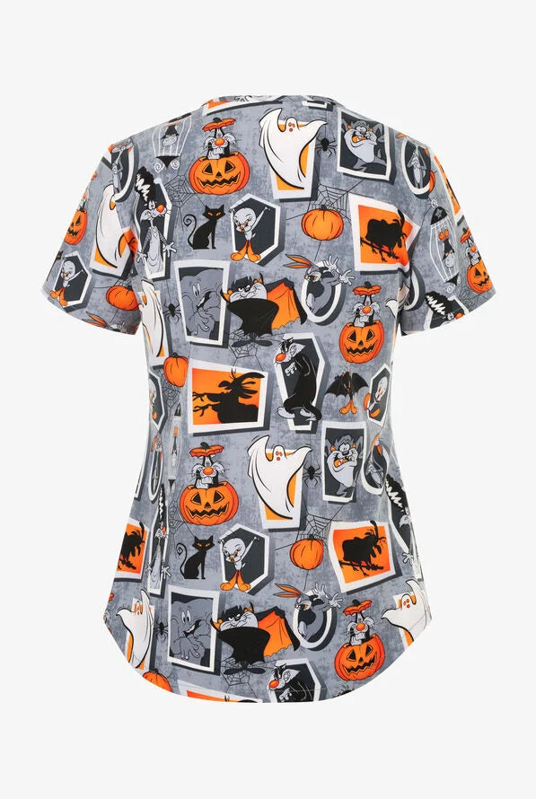 Halloween Looney Tunes Women’s Stretch V-Neck Scrub Top Women's Print Scrub Top Cherokee Licensed