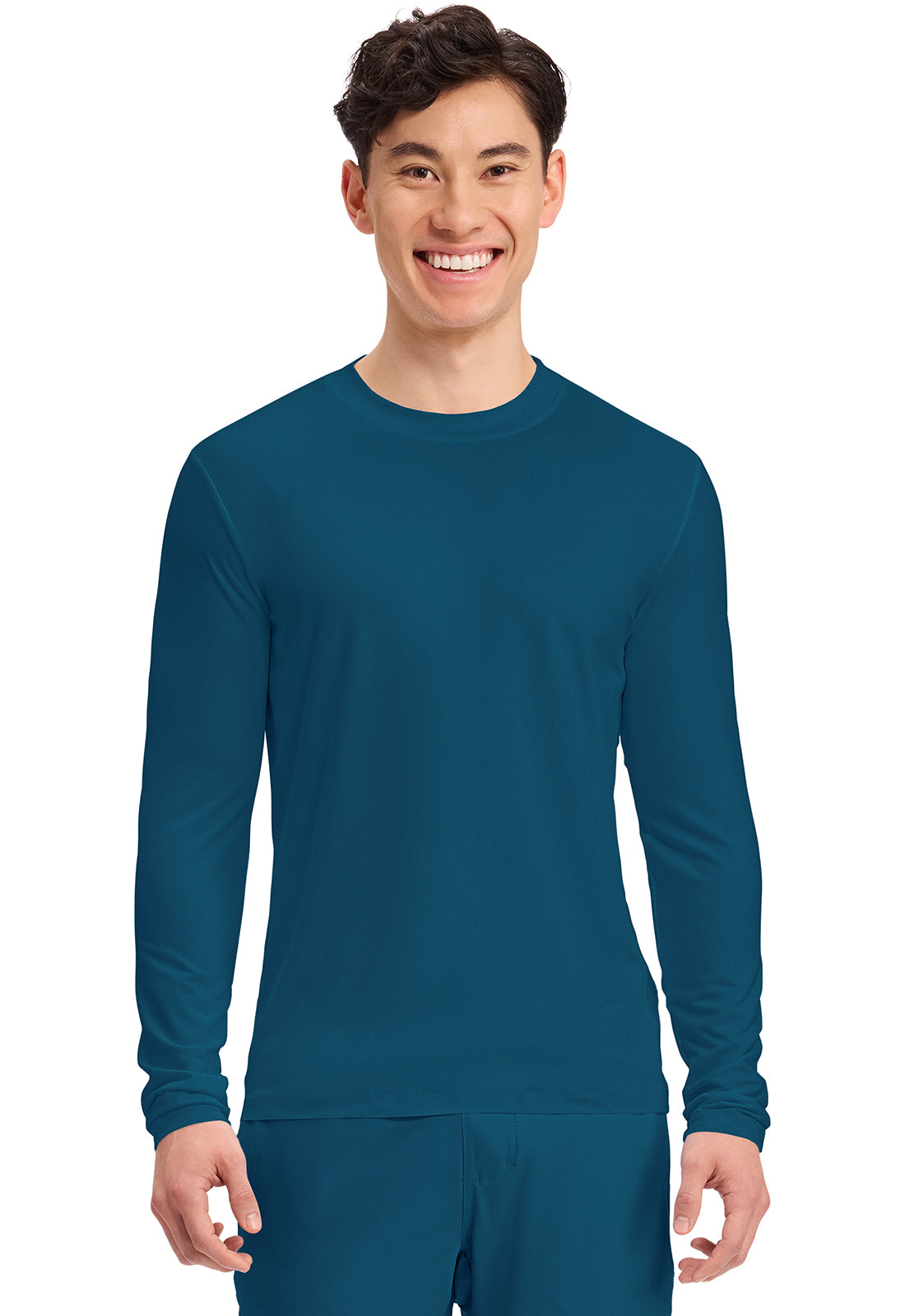 Front view of Cherokee Basics Men's Long Sleeve Underscrub Knit Tee in the color Caribbean Blue.