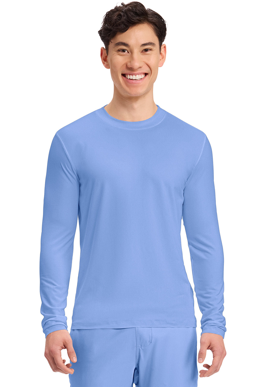 Front view of Cherokee Basics Men's Long Sleeve Underscrub Knit Tee in the color Ceil Blue.