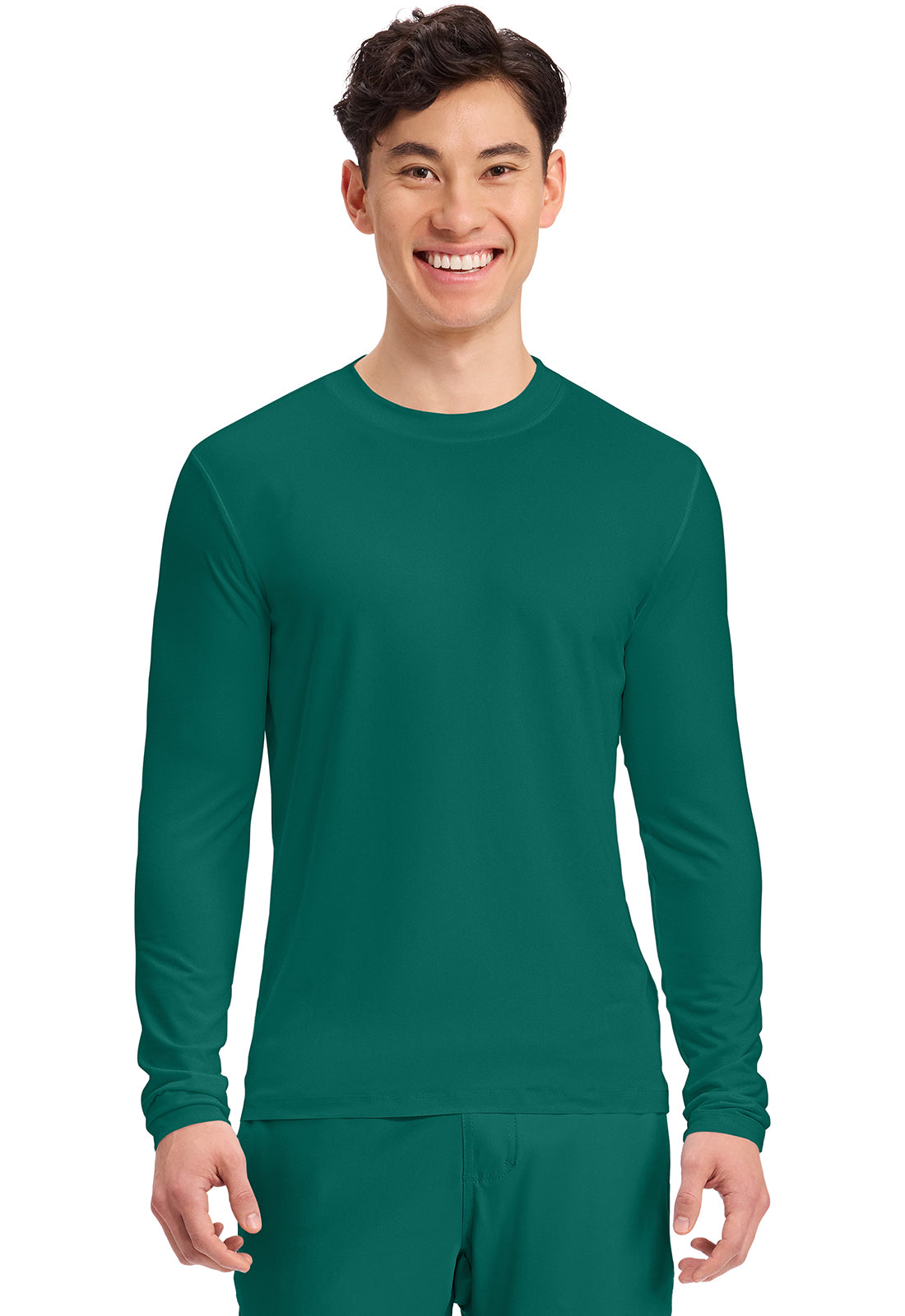 Front view of Cherokee Basics Men's Long Sleeve Underscrub Knit Tee in the color Hunter Green.