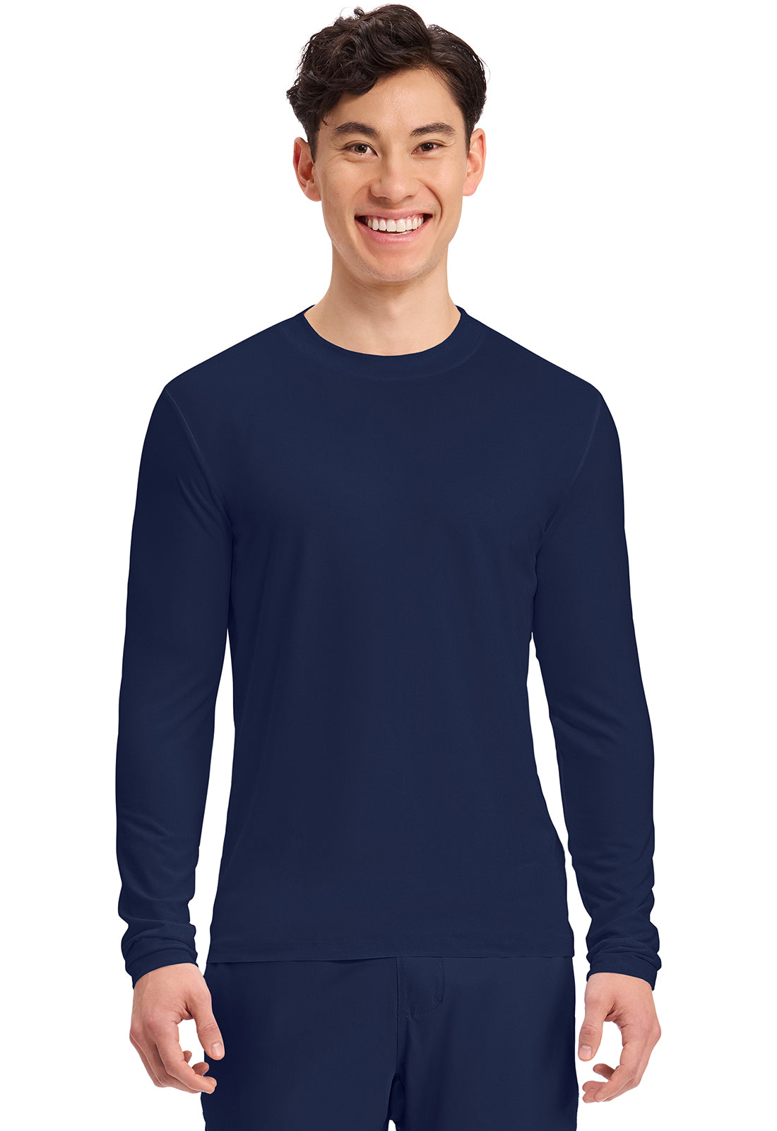 Front view of Cherokee Basics Men's Long Sleeve Underscrub Knit Tee in the color Navy.