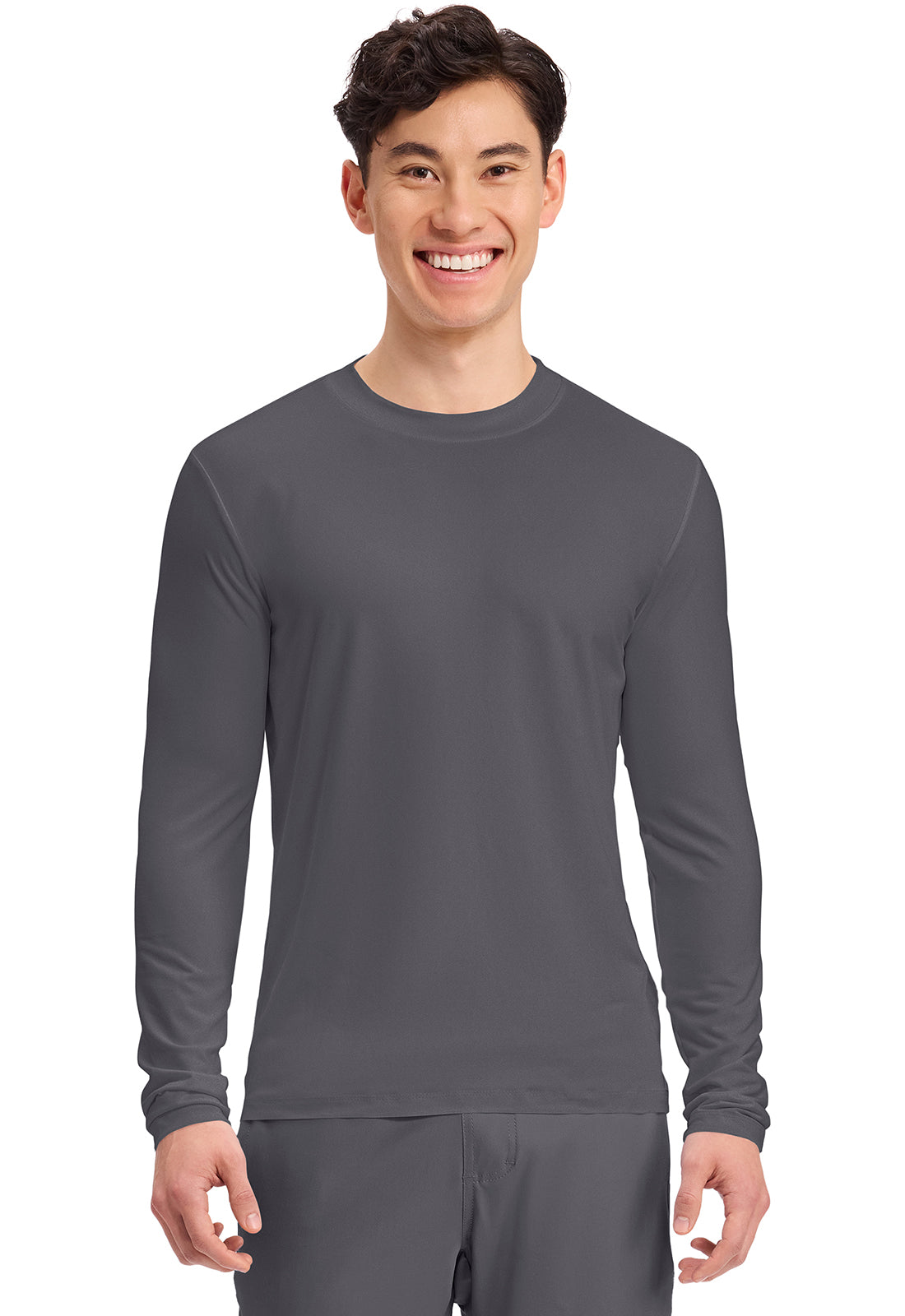 Front view of Cherokee Basics Men's Long Sleeve Underscrub Knit Tee in the color Pewter.