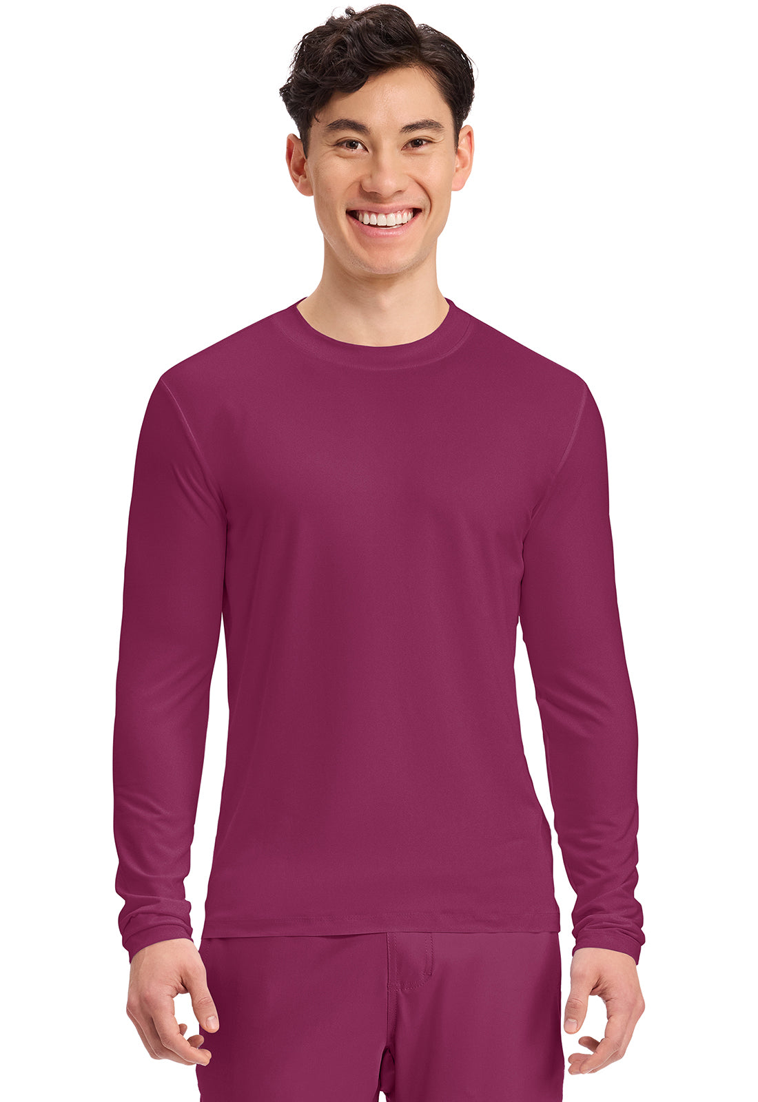 Front view of Cherokee Basics Men's Long Sleeve Underscrub Knit Tee in the color Wine.
