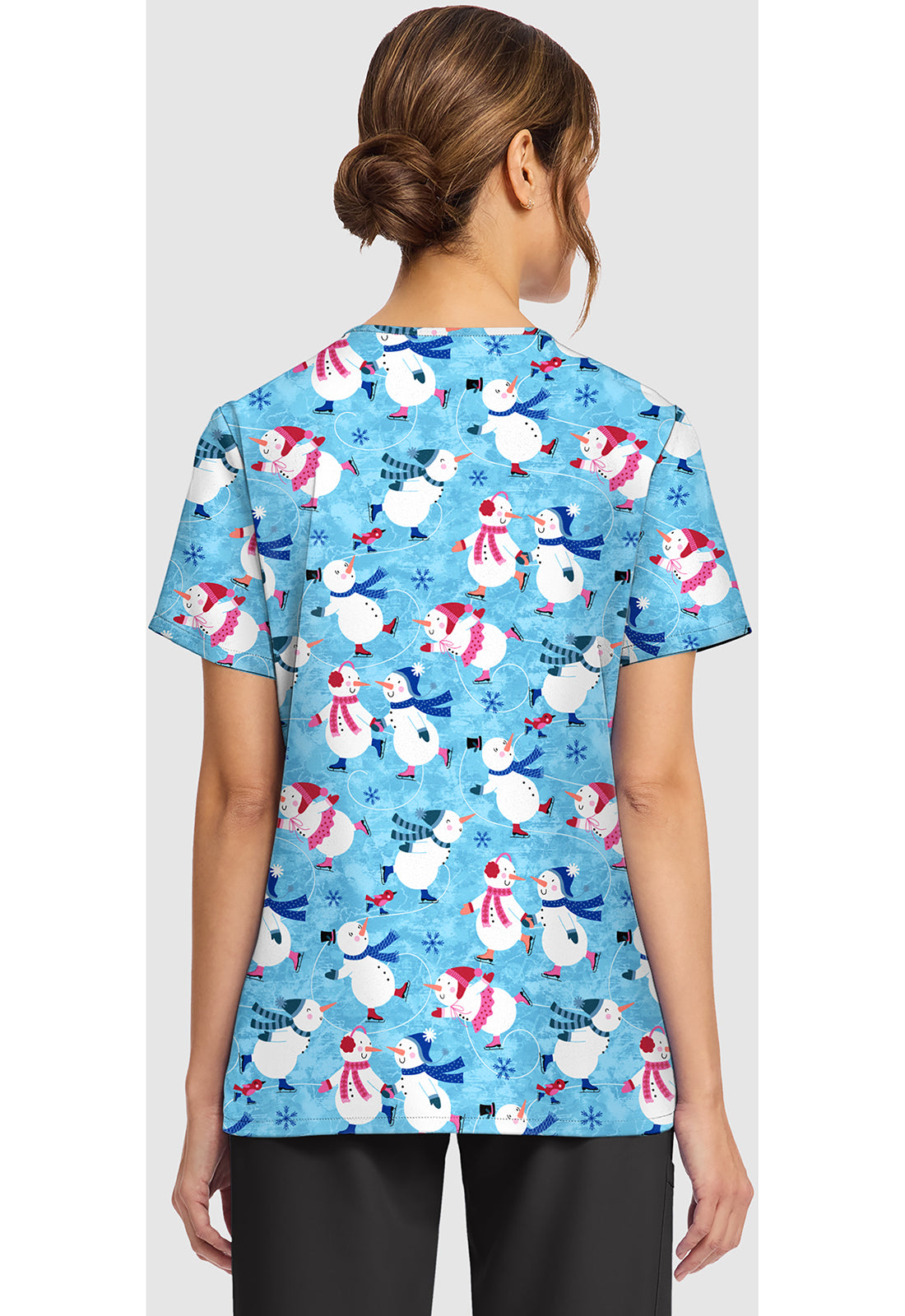 Cherokee Prints Winter Wonderland Snowman Holiday V-Neck Scrub Top