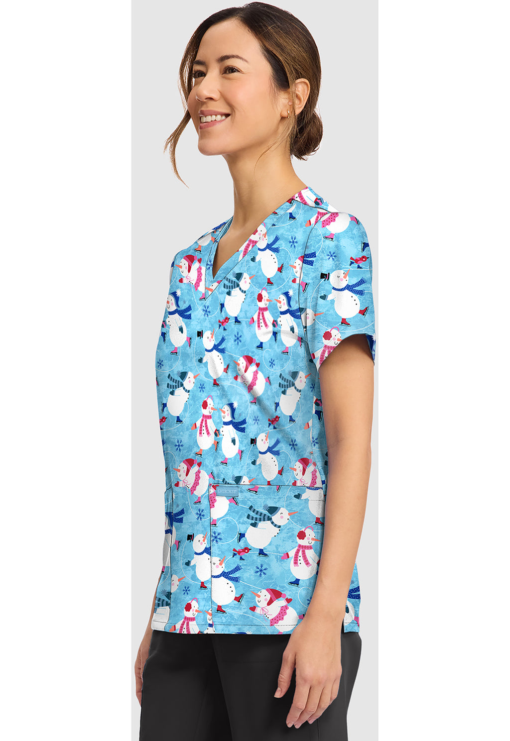 Cherokee Prints Winter Wonderland Snowman Holiday V-Neck Scrub Top