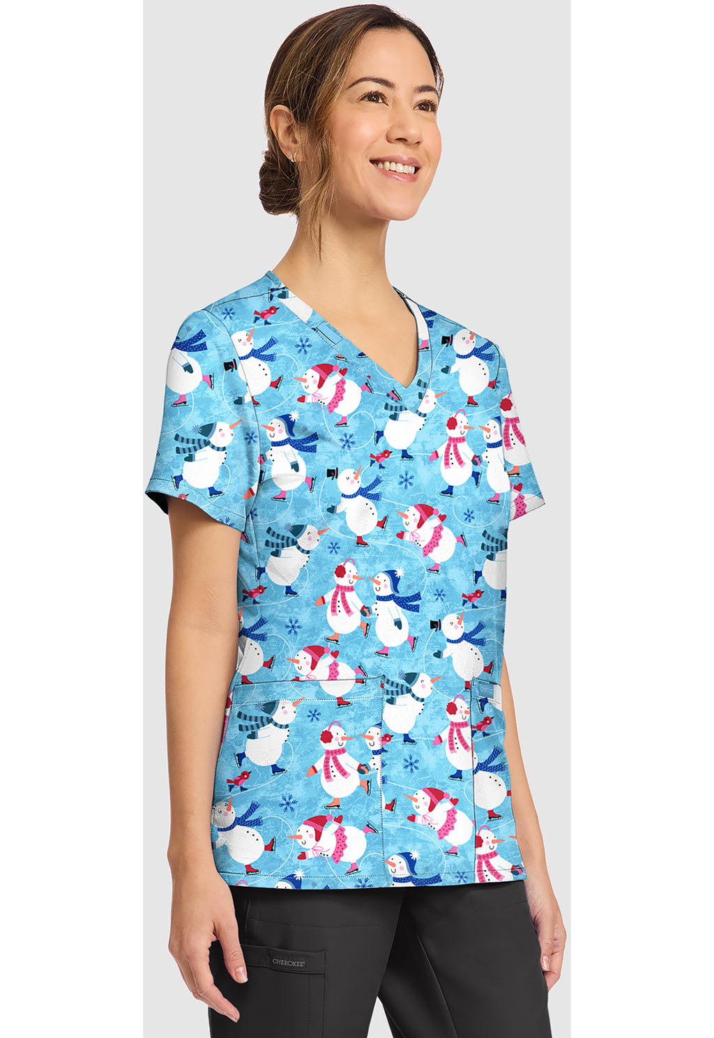 Cherokee Prints Winter Wonderland Snowman Holiday V-Neck Scrub Top
