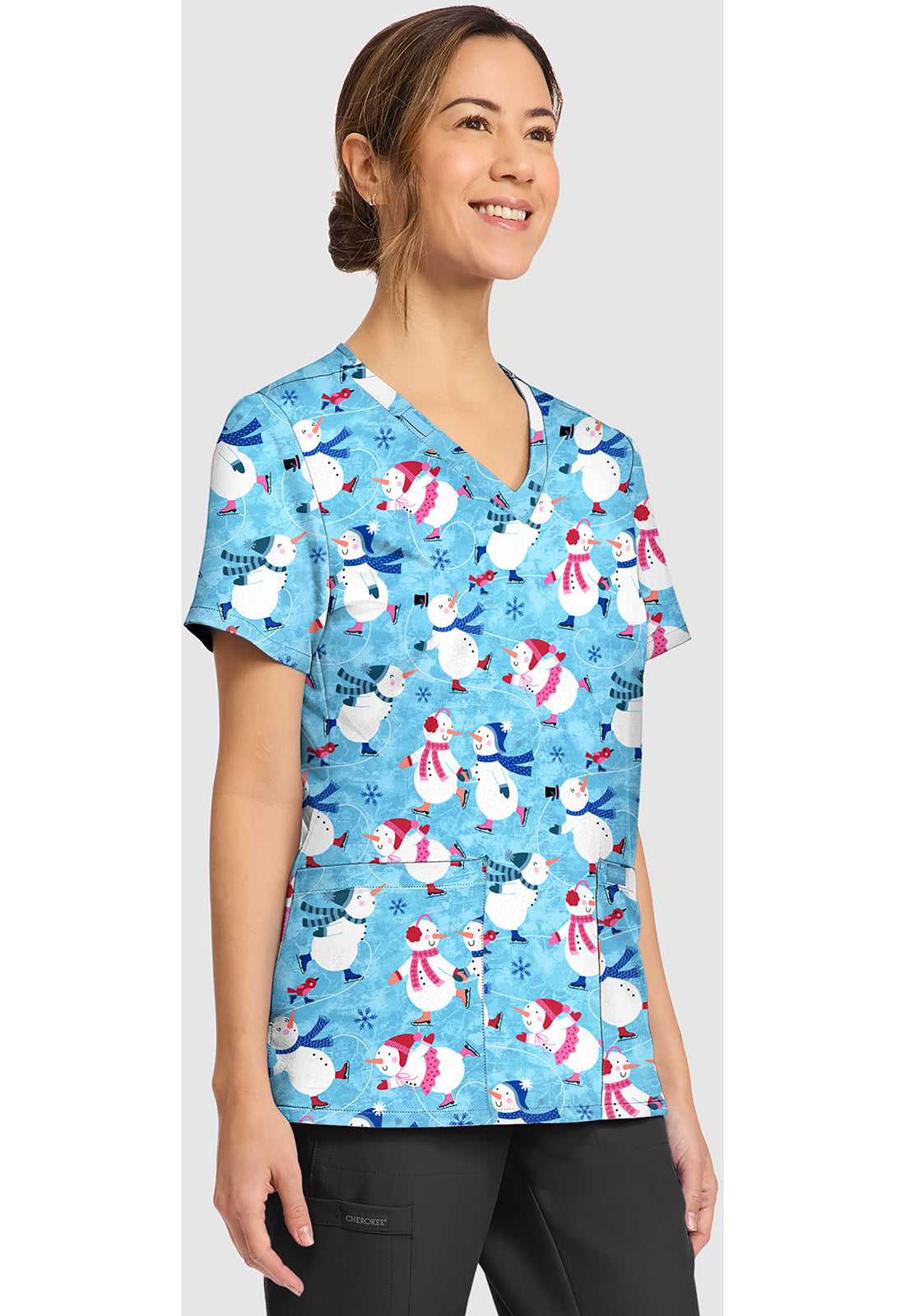 Cherokee Prints Winter Wonderland Snowman Holiday V-Neck Scrub Top