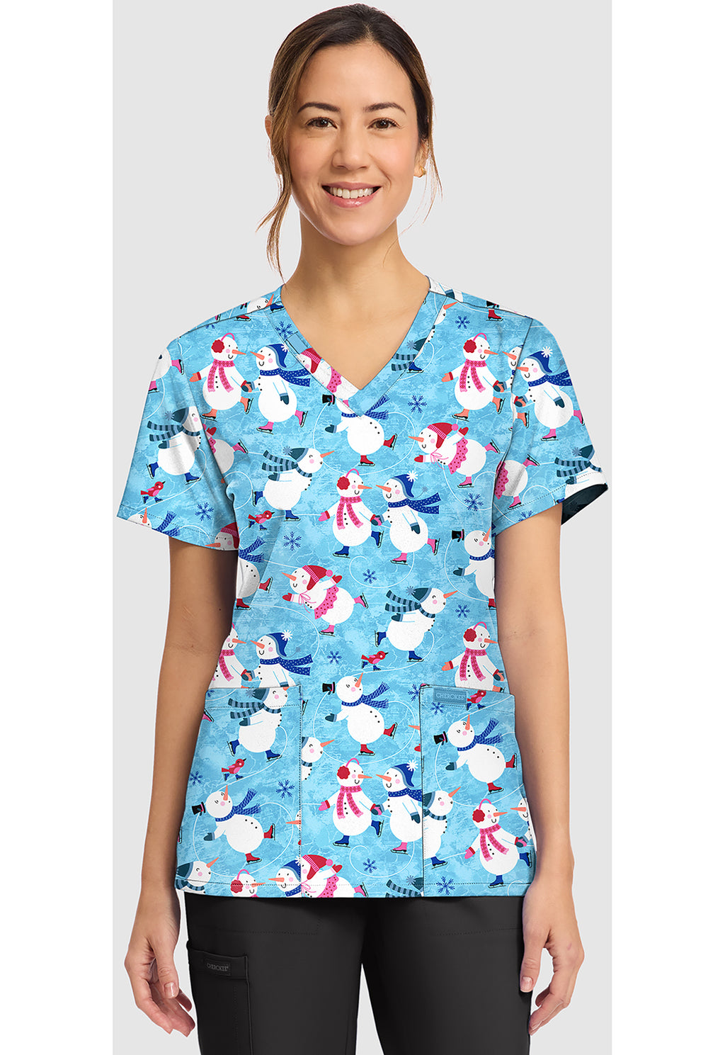 Cherokee Prints Winter Wonderland Snowman Holiday V-Neck Scrub Top