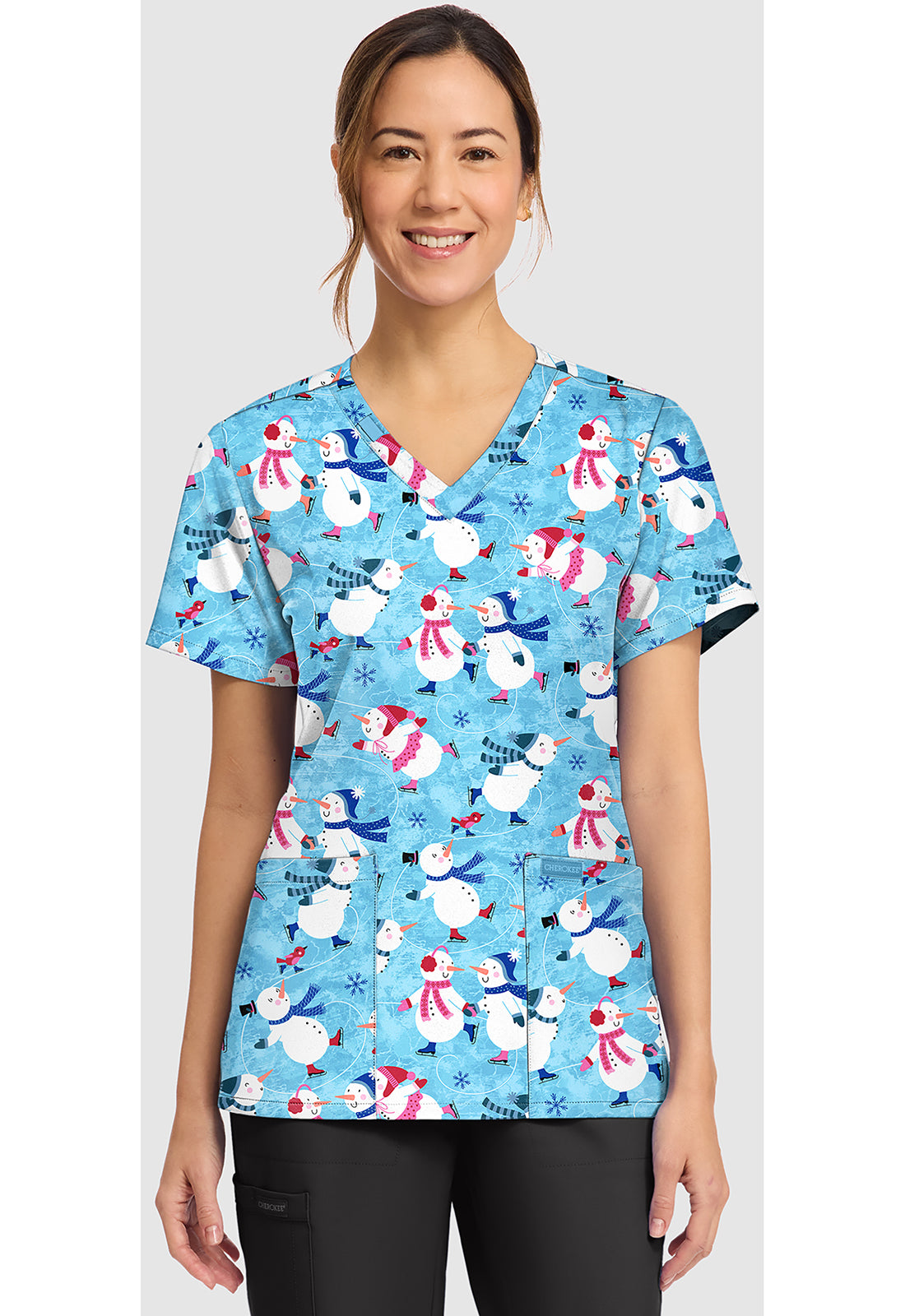 Cherokee Prints Winter Wonderland Snowman Holiday V-Neck Scrub Top