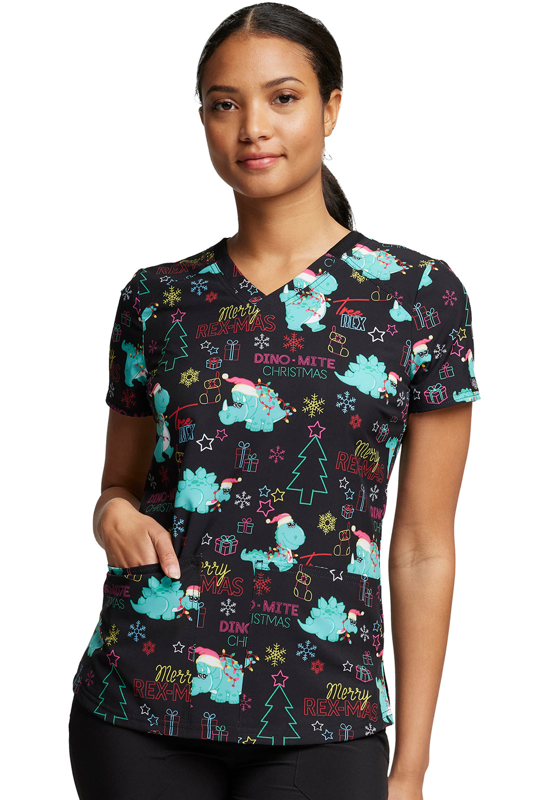 Merry Rex-Mas Holiday Scrub Top Women's Holiday Print Top Dickies Prints XXS