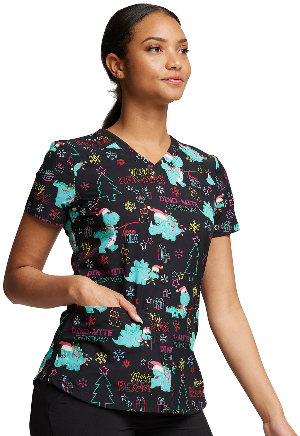 Merry Rex-Mas Holiday Scrub Top Women's Holiday Print Top Dickies Prints