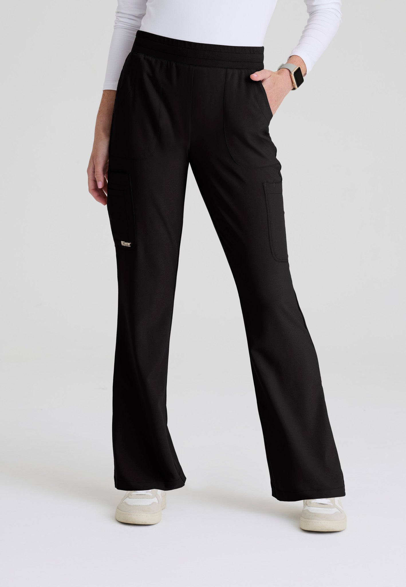 Front view of the Grey's Anatomy Evolve women's Sky scrub pant in the colour Black.