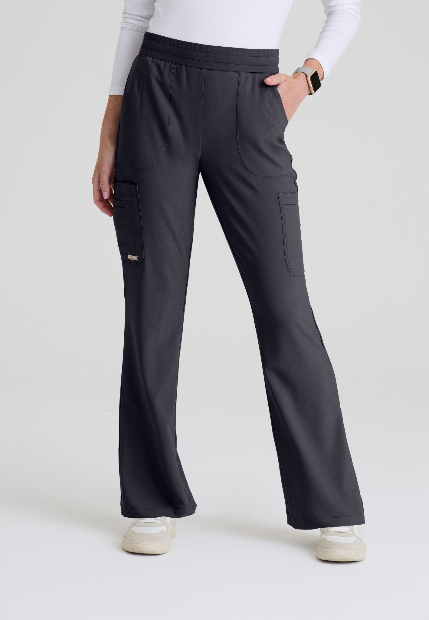 Front view of the Grey's Anatomy Evolve women's Sky scrub pant in the colour Steel.