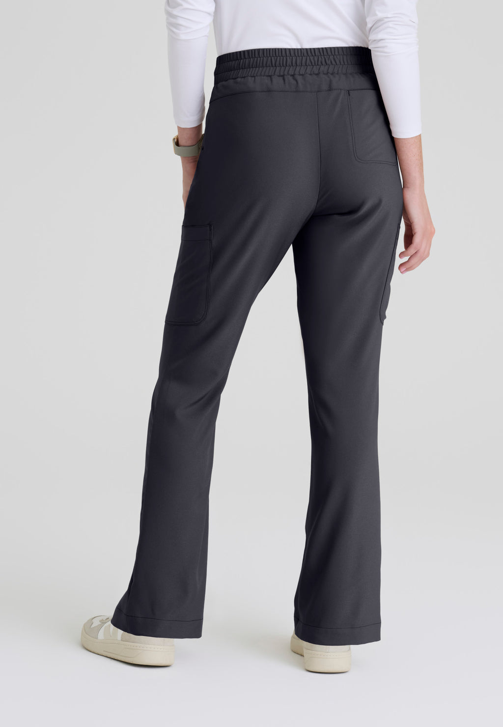 Back view of the Grey's Anatomy Evolve women's Sky scrub pant in the colour Steel.