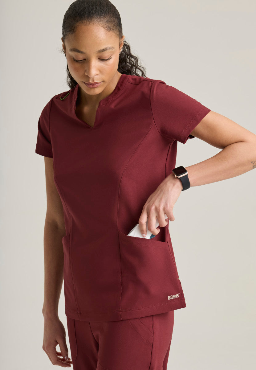 Close up view Sky Banded Neckline Scrub Top Grey's Anatomy Evolve GSST298 in the color Chestnut.