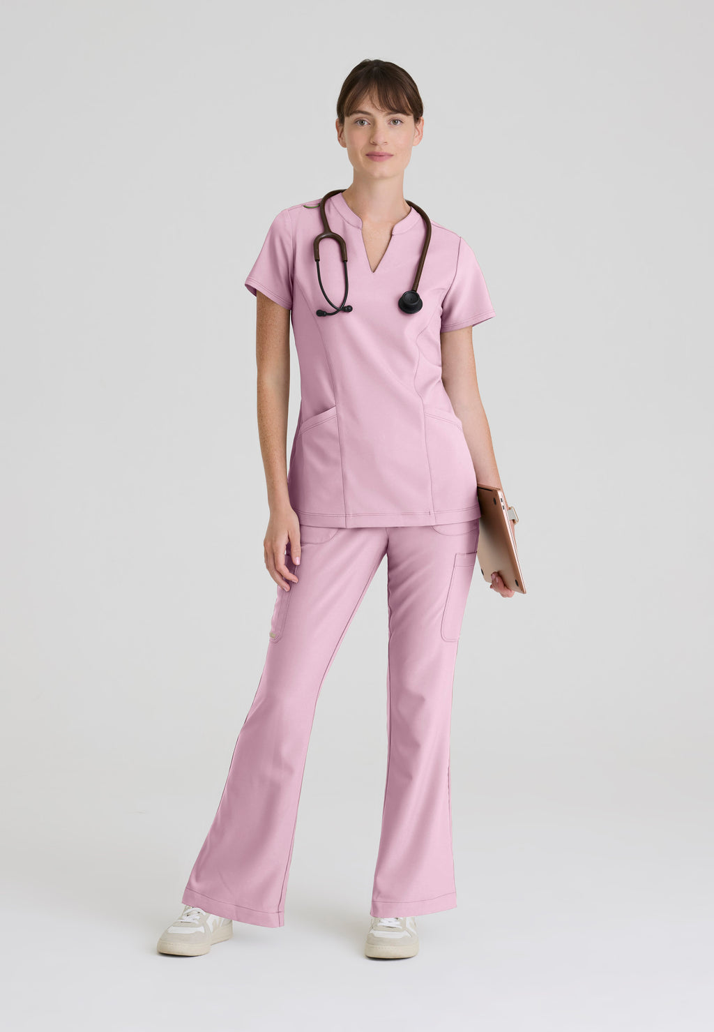 Full view of the Grey's Anatomy Evolve women's Sky scrub pant in the colour Misty Pink.
