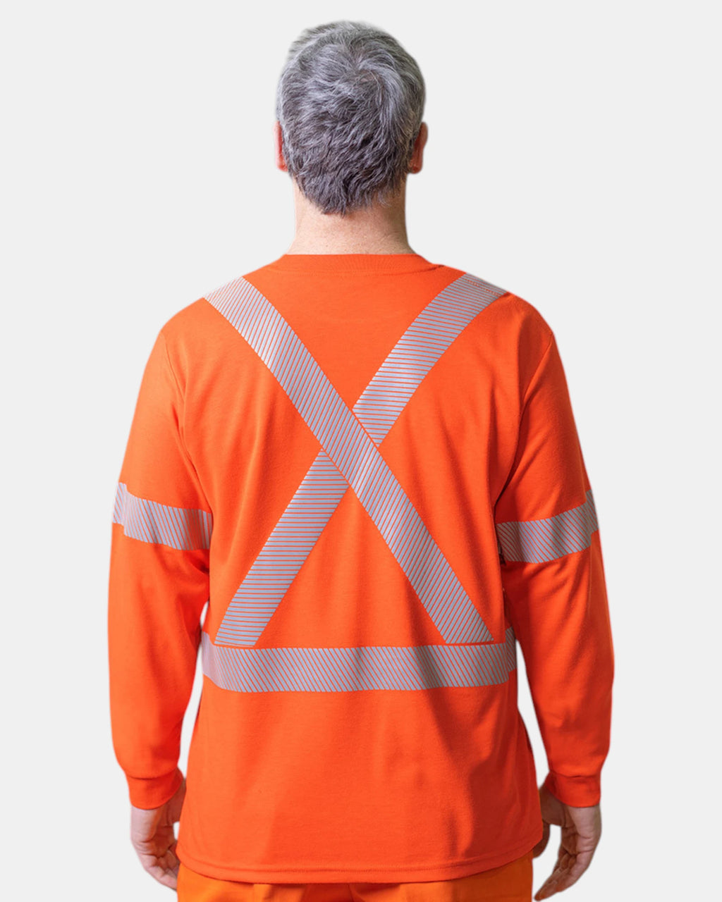 Back view of Premium Uniforms FR2556 Base Layer Flame Resistant Shirt in Safety Orange with reflective striping.