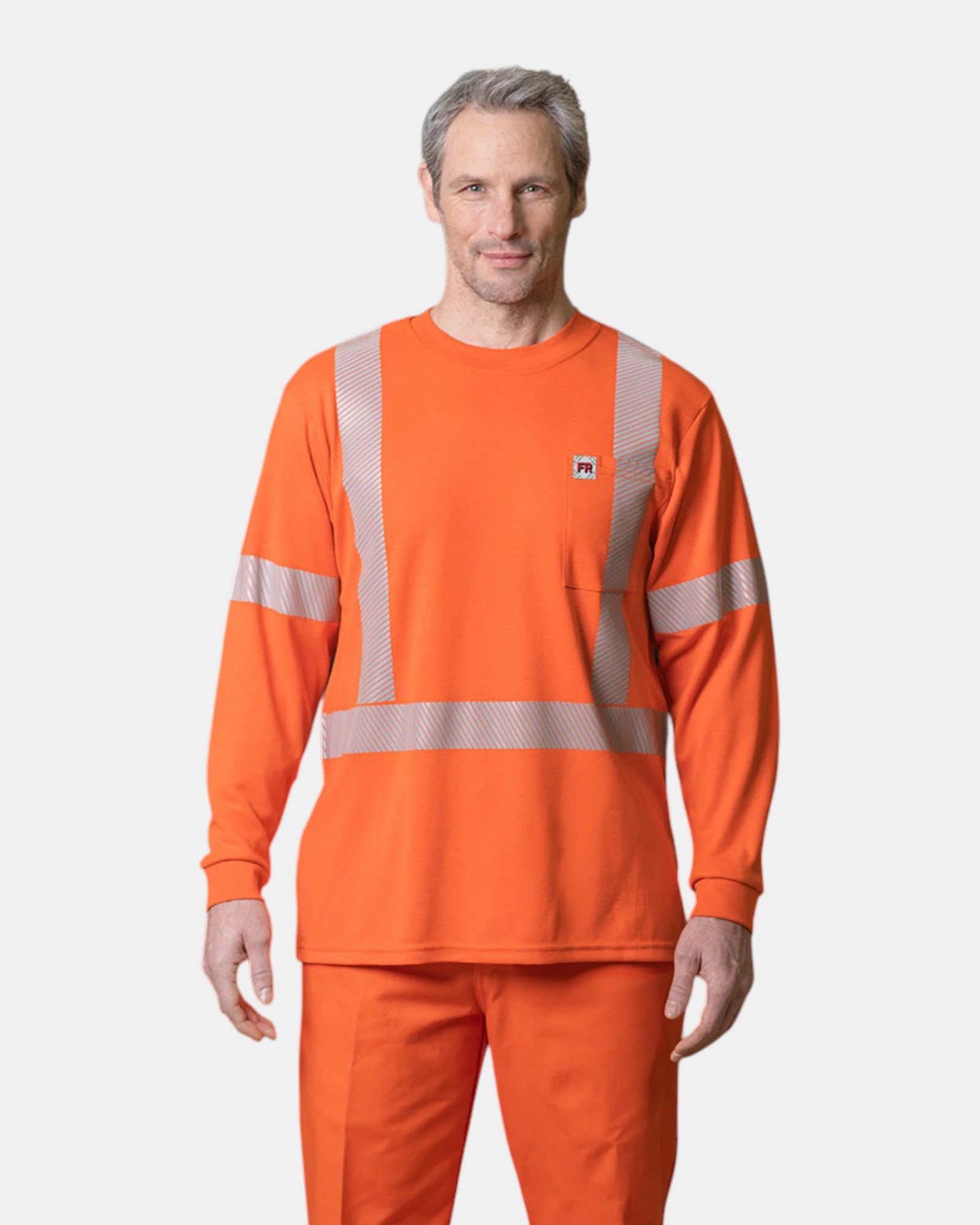 Front view of Premium Uniforms FR2556 Base Layer Flame Resistant Shirt in Safety Orange with reflective striping.