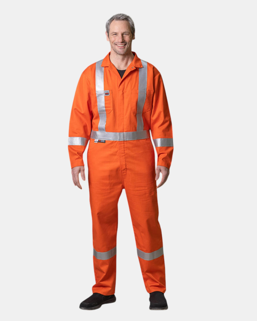 Front view of the Premium Uniforms Econo Flame-Resistant High-Vis Coveralls in Orange.