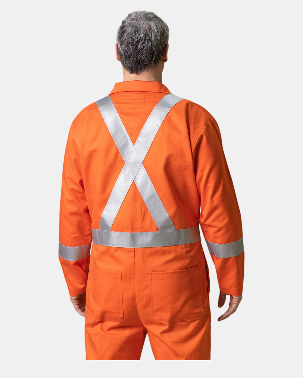 Back view of the Premium Uniforms Econo Flame-Resistant High-Vis Coveralls in Orange.