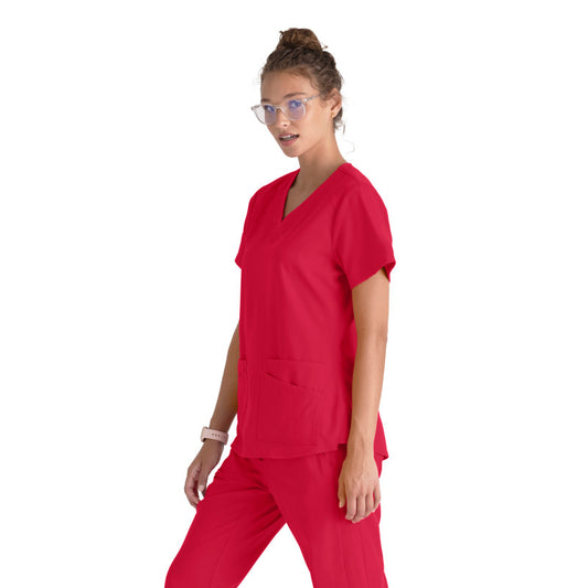 Grey's Anatomy Emma Top - 4 Pocket Scrub Top in Seasonal Colors Women's Scrub Top Grey's Anatomy Spandex Stretch Red Scarlet XXS 