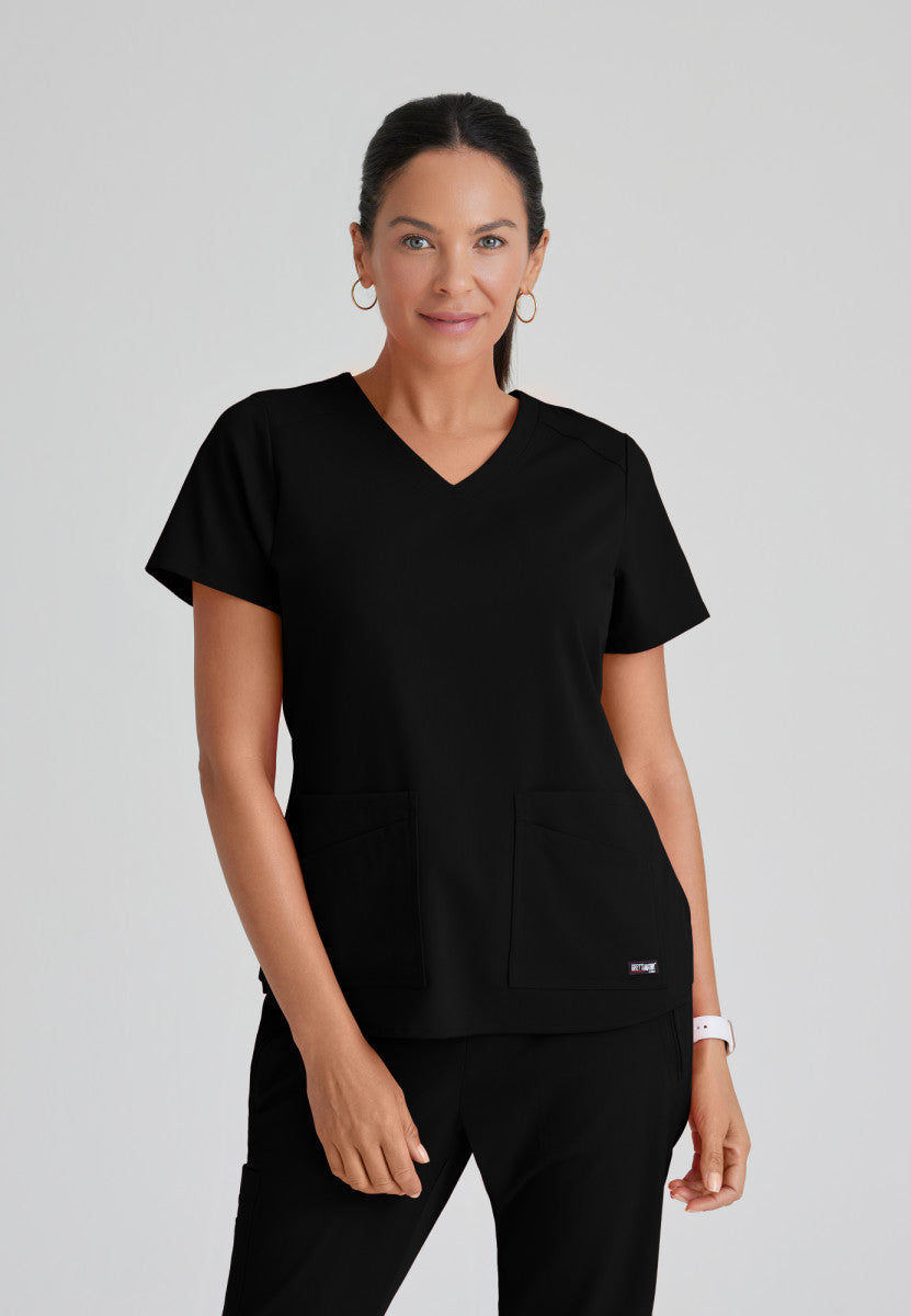 Emma 4-Pocket V-Neck Scrub Top Women's Scrub Top Grey's Anatomy Spandex Stretch Black XXS