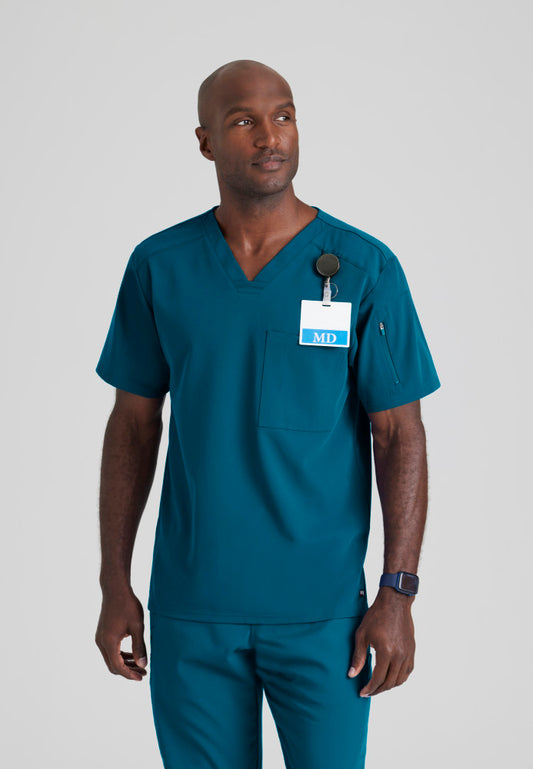 Grey's Anatomy Murphy Top - Men's Chest Pocket V-Neck Scrub Top Men's Scrub Top Grey's Anatomy Spandex Stretch Caribbean Blue/Bahama XS 