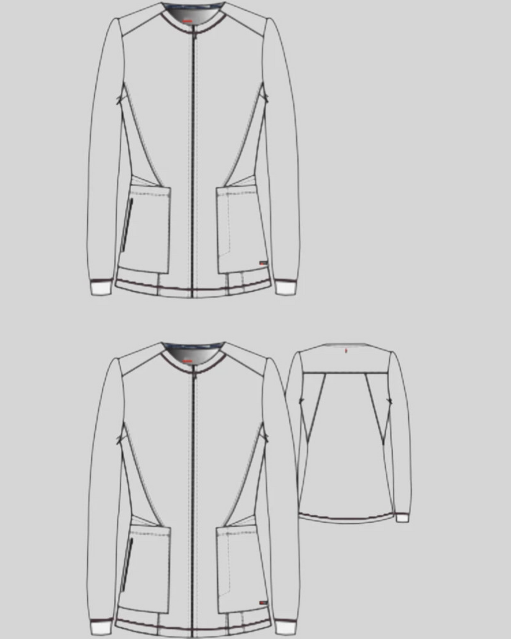 Lasalle Uniform Gianna warm-up scrub jacket with zip front, round neck, rib-knit cuffs, and multiple utility pockets.
