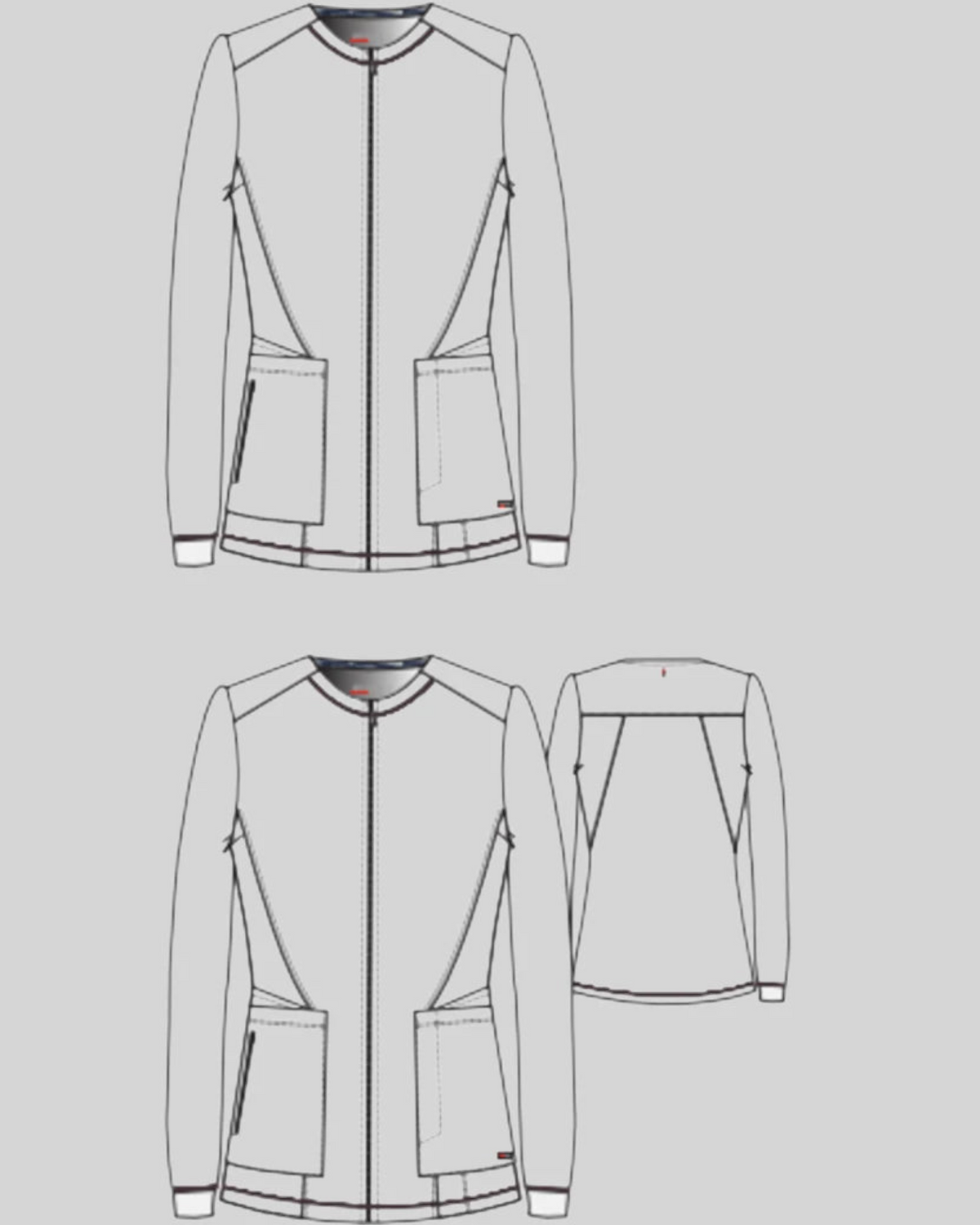 Lasalle Uniform Gianna warm-up scrub jacket with zip front, round neck, rib-knit cuffs, and multiple utility pockets.