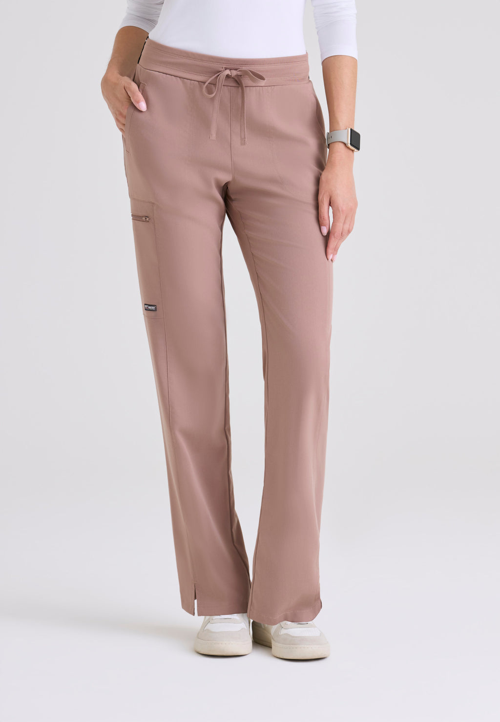 Front view of the Grey's Anatomy Spandex Stretch Women's Kim scrub pant in the colour Warm Mocha.