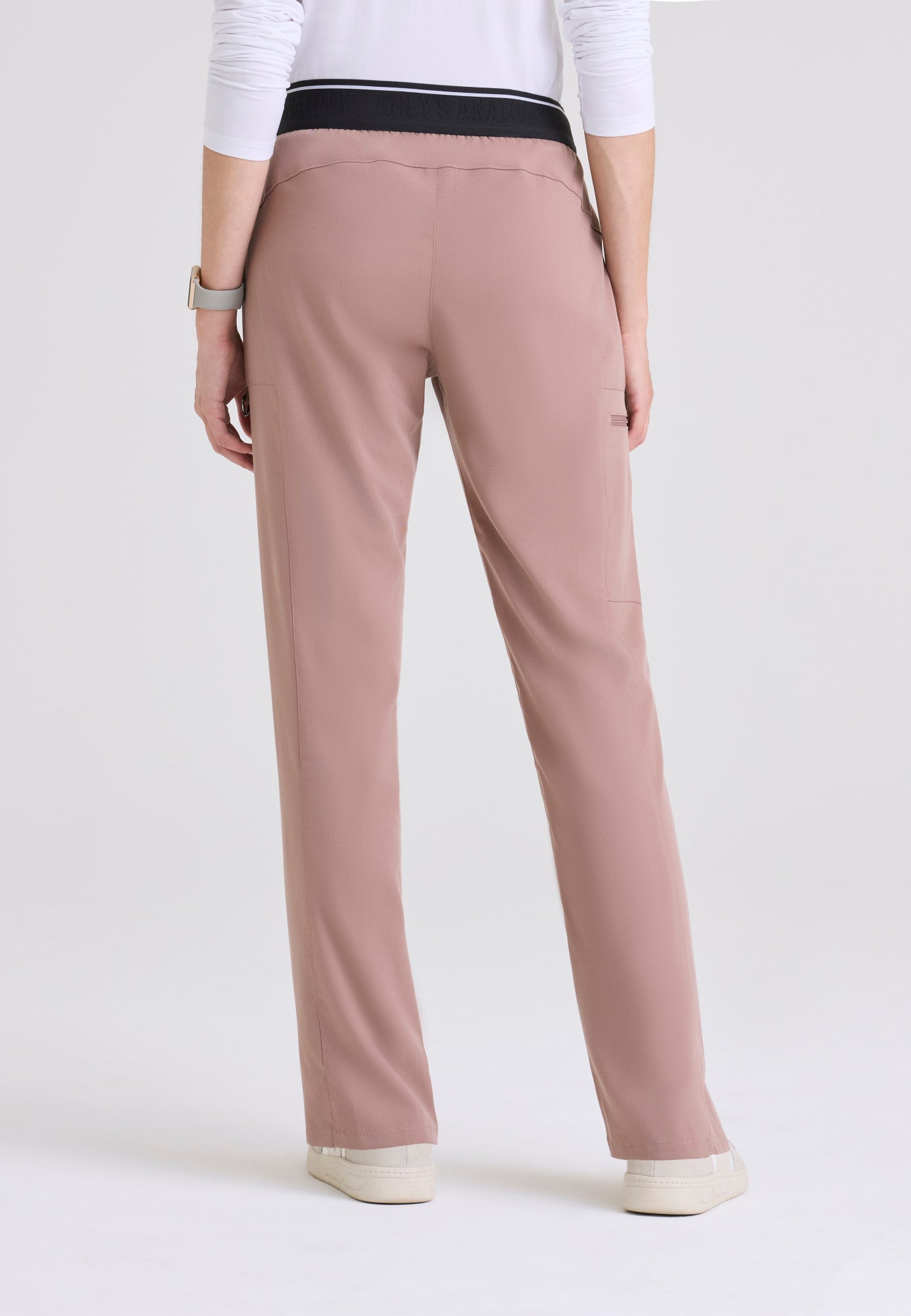 Back view of the Grey's Anatomy Spandex Stretch Women's Kim scrub pant in the colour Warm Mocha.