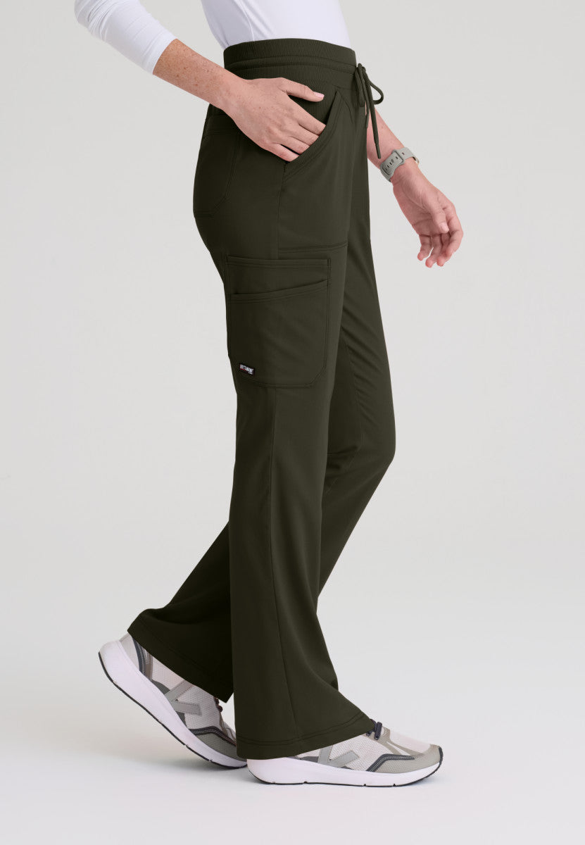 Side view of the Grey's Anatomy Spandex Stretch Kristi Scrub Pant | Barco GRSP722 in the color Olive.