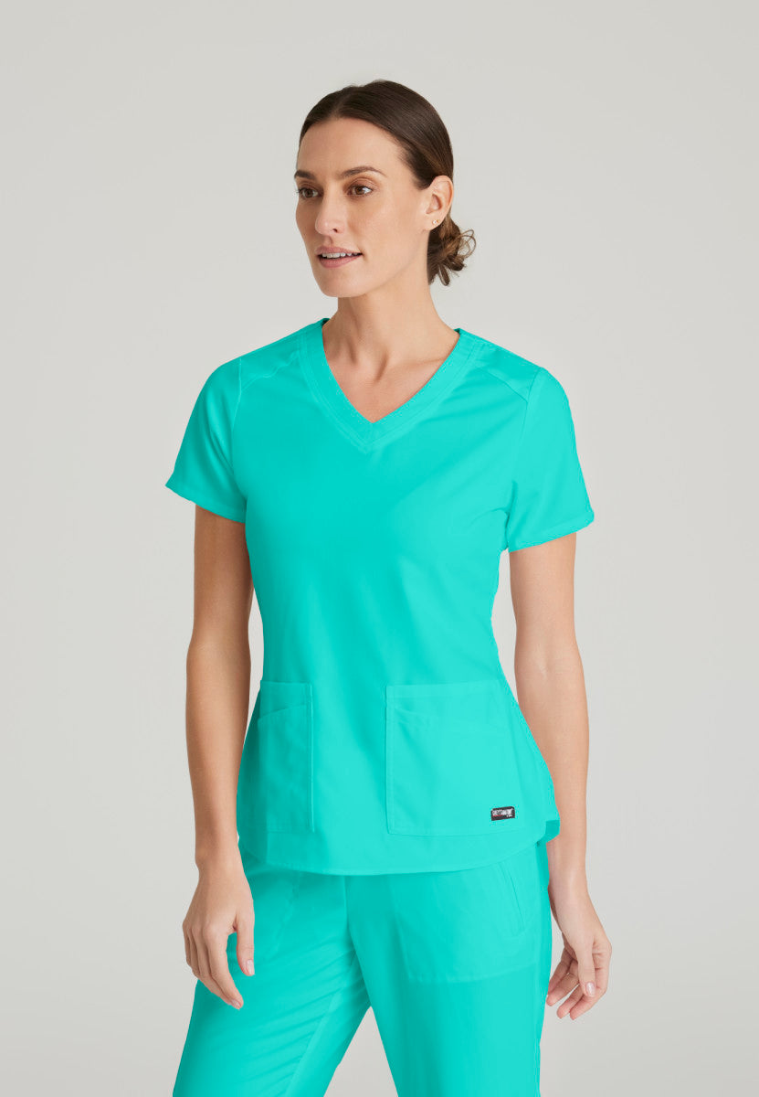 Emma 4-Pocket V-Neck Scrub Top Women's Scrub Top Grey's Anatomy Spandex Stretch Alpine Aqua XXS