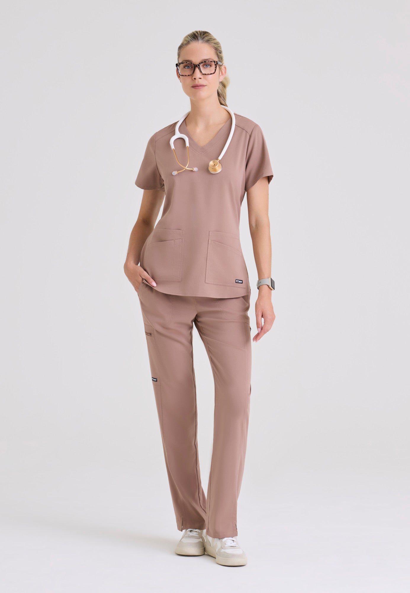 Full view of Grey's Anatomy Spandex Stretch Emma Scrub Top in the colour Warm Mocha.