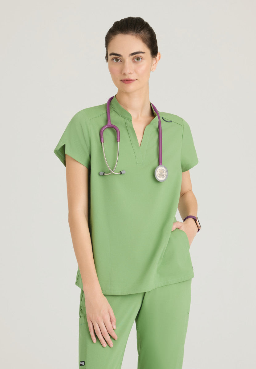 Avery 2-Pocket Banded Collar Top Women's Scrub Top Grey's Anatomy Spandex Stretch Sweet Basil XXS