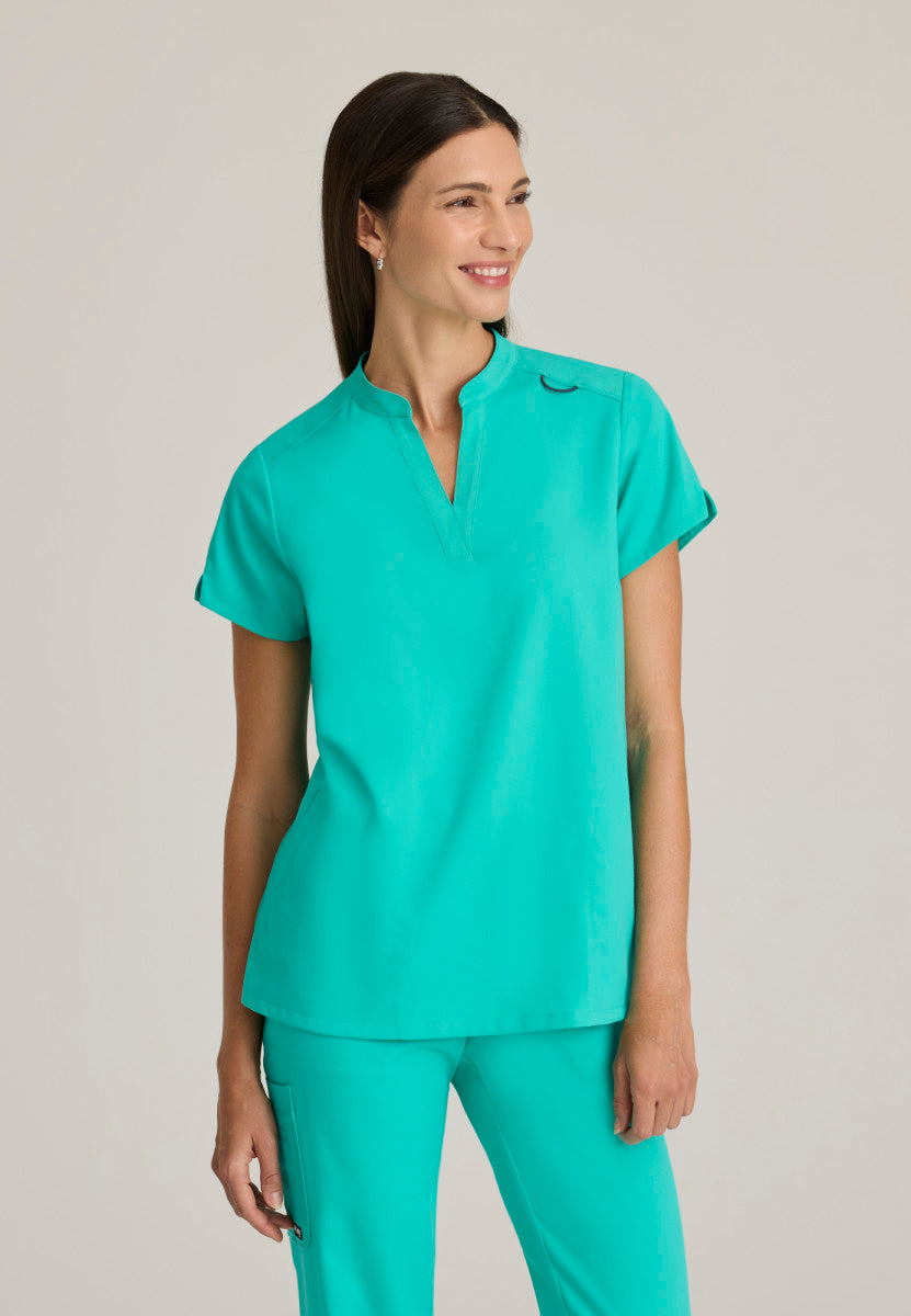 Avery 2 Pocket Banded Collar Top Women's Scrub Top Grey's Anatomy Alpine Aqua XXS