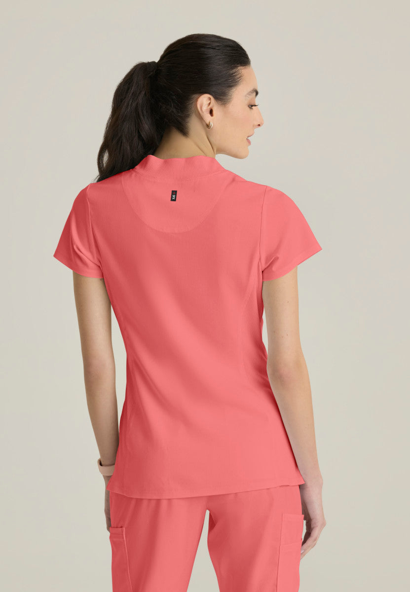 Back facing image Kristi Zip Front Scrub Top Grey's Anatomy Spandex Stretch GRST292 in colour Coral Bloom.