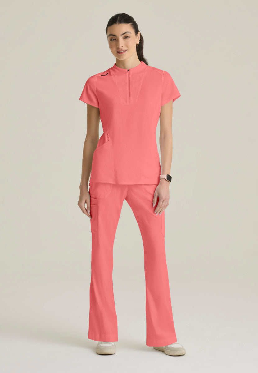 Full facing image Kristi Zip Front Scrub Top Grey's Anatomy Spandex Stretch GRST292 in colour Coral Bloom.