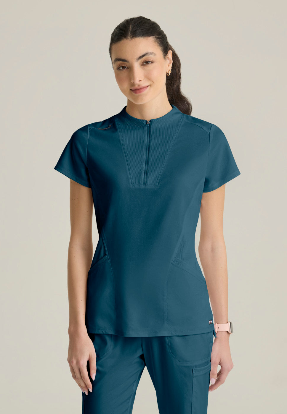Front view of the GRST292 Women's Grey's Anatomy Kristi Scrub Top in the colour bahama.