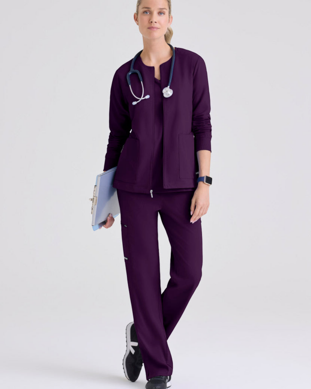 Lasalle Uniform Grey's Anatomy by Barco Gianna warm-up scrub jacket in deep purple with a zip-front and rib-knit cuffs