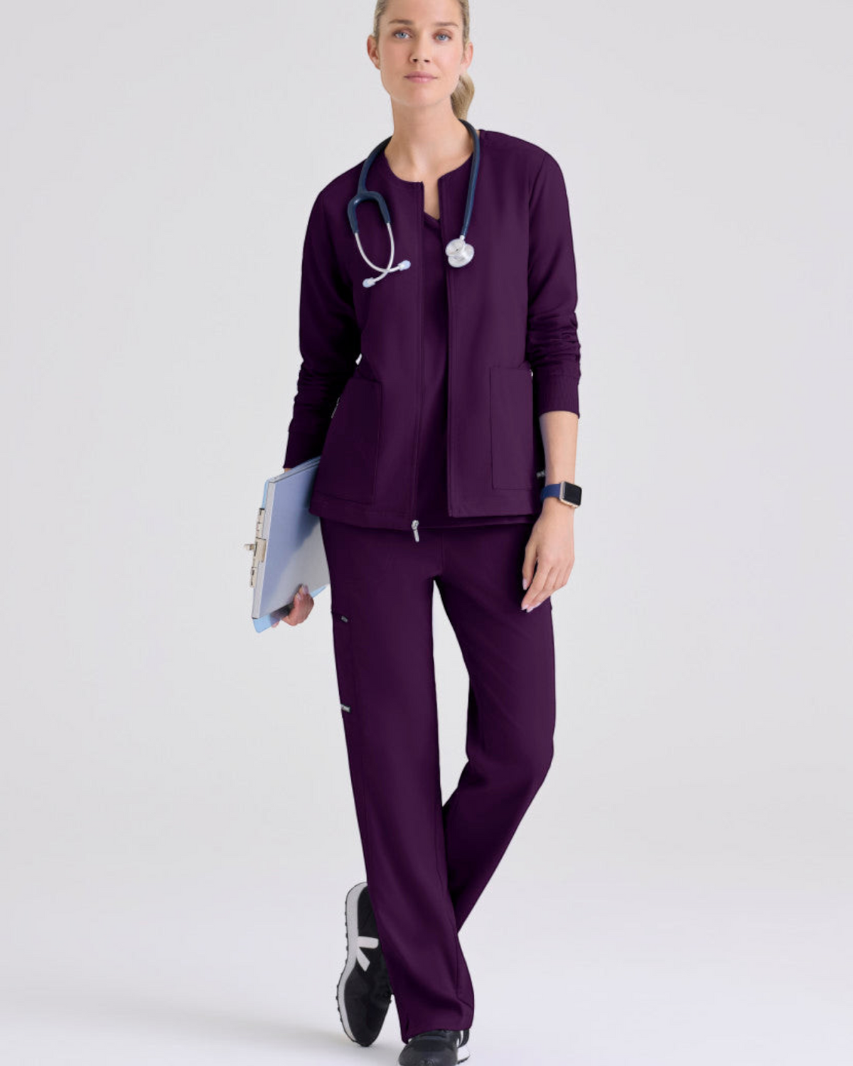 Lasalle Uniform Grey's Anatomy by Barco Gianna warm-up scrub jacket in deep purple with a zip-front and rib-knit cuffs