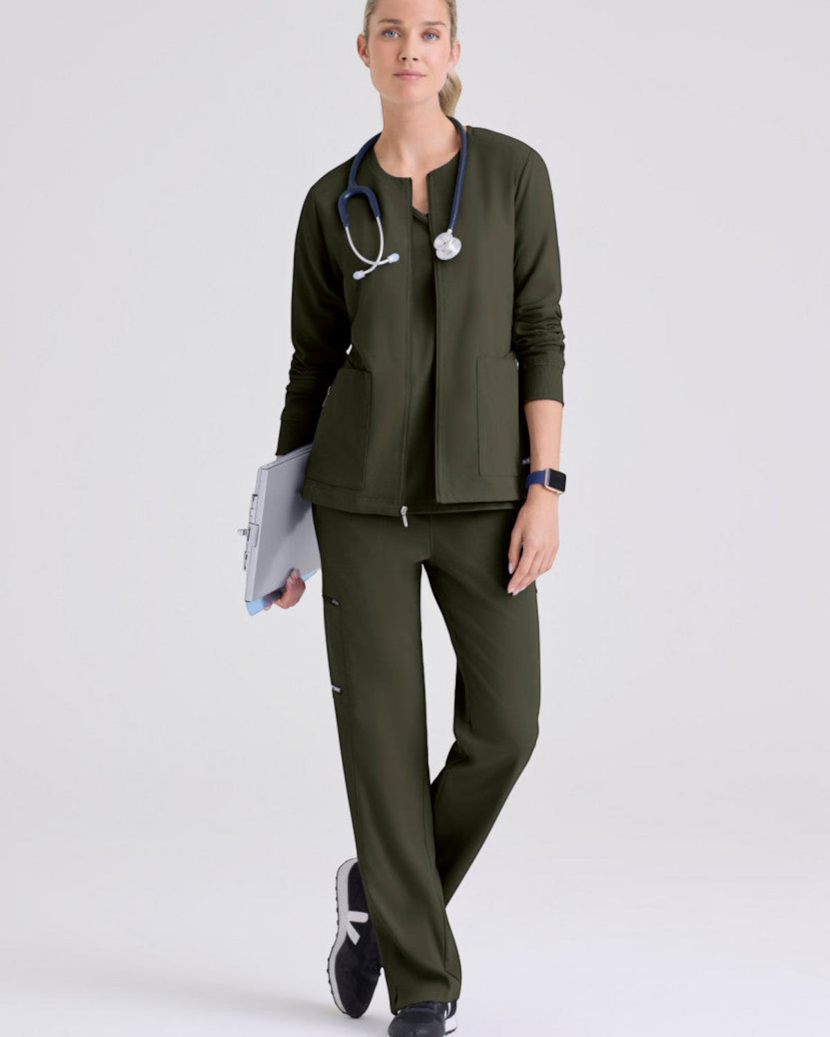 Lasalle Uniform Grey's Anatomy by Barco Gianna olive green zip-front scrub jacket with rib-knit cuffs and pockets.
