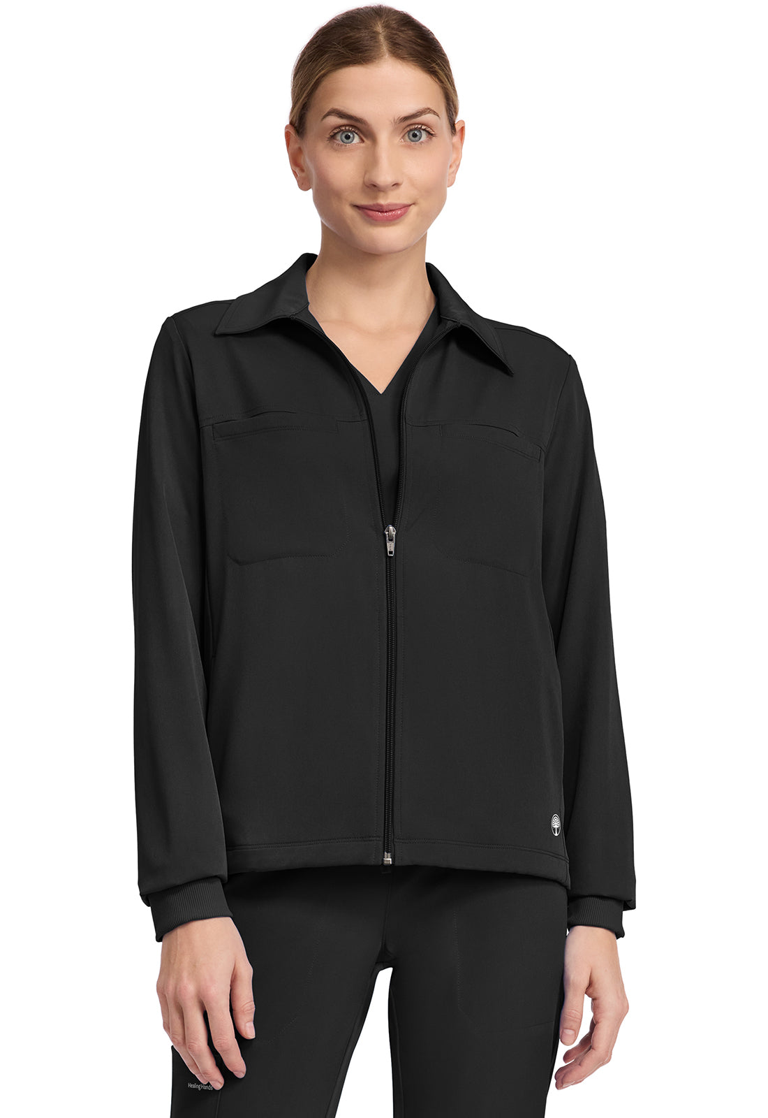Front view of Healing Hands HH321 Scrub Jacket in the colour black.